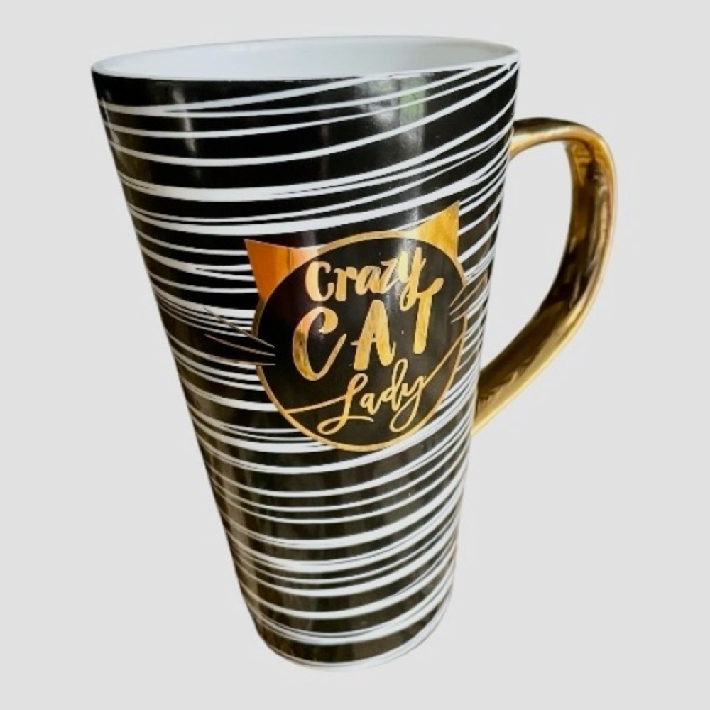 Mug , Crazy Cat Lady, Black & White & Gold, 6 in. Tall, New without Box.